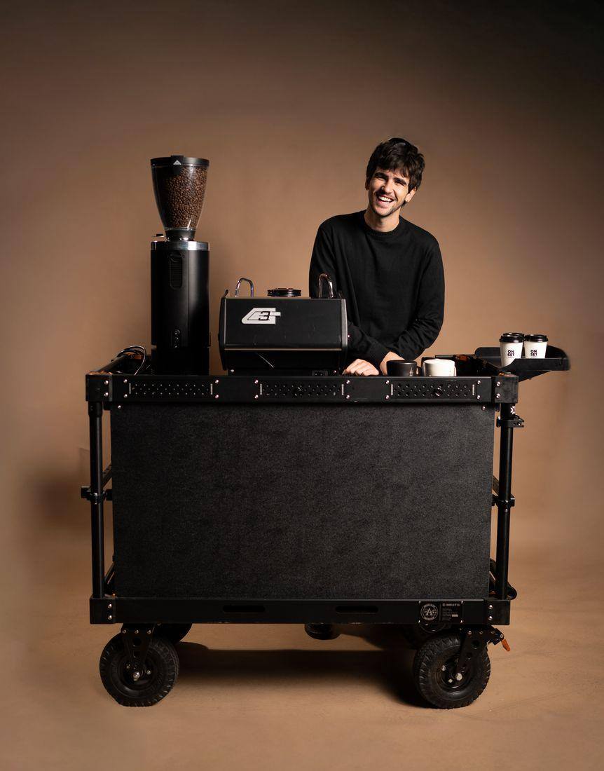 The On Set Coffee espresso cart — purpose-built mobile espresso bar